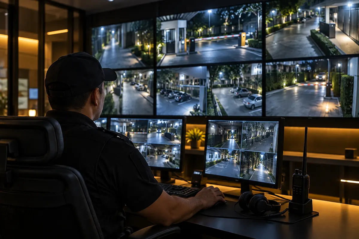 Central de monitoreo de Servicios P.R.C., con un oficial supervisando cámaras de seguridad en tiempo real