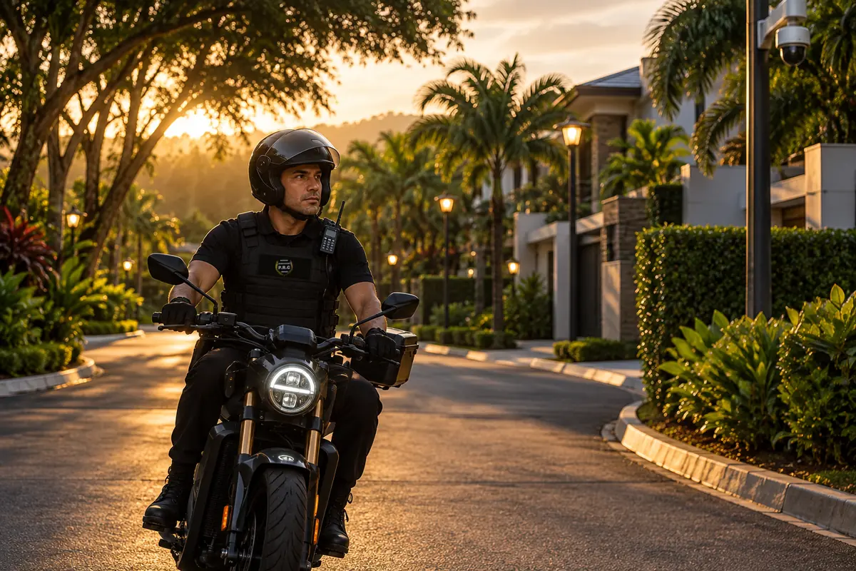Oficial de Servicios P.R.C. en moto eléctrica durante una ronda de vigilancia en un condominio