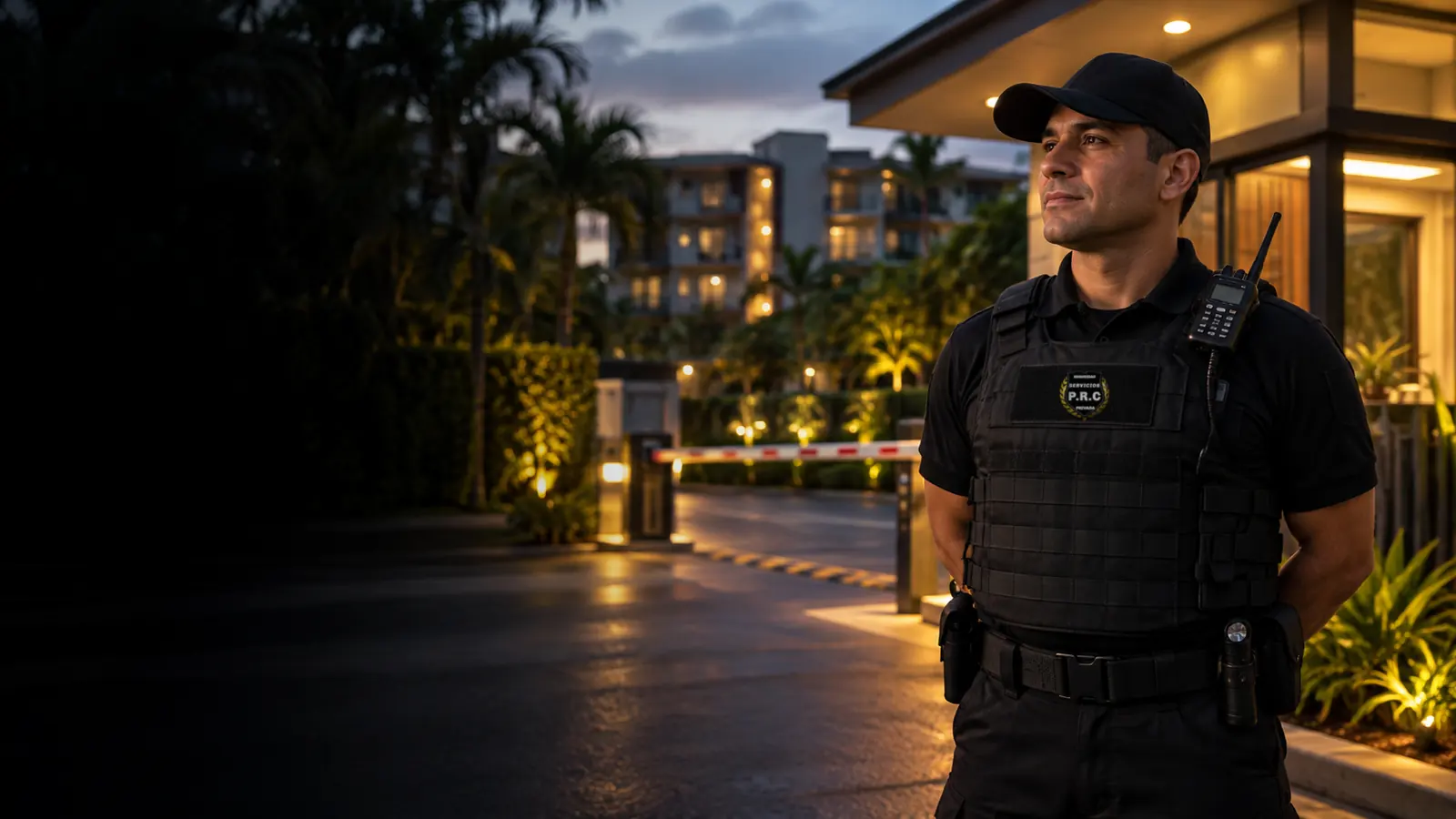 Oficial de Servicios P.R.C. en la garita de acceso de un condominio, durante una ronda nocturna